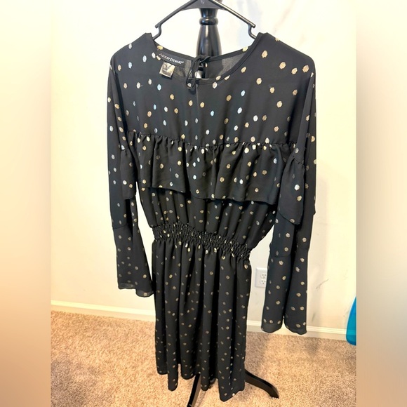 Ashley Stewart Dress Plus Size 12 Black Gold Polka Dots Ruffles Bell - Picture 2 of 5